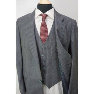 Anderson Little Stratchmore Gray Blue Wool Stripe 3Pc Suit Jacket Pants Vest 42